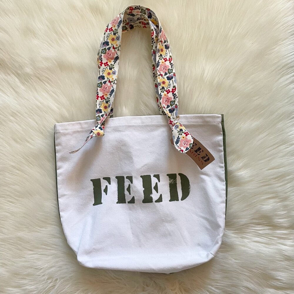 NEW Feed Project x Clarins Cream Army Khaki Green Floral Strap Cotton Tote Bag